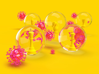 3d scene of Social distancing concept with chess pieces in glass bubbles distant from each other. 3D coronavirus cove 19 models around yellow background