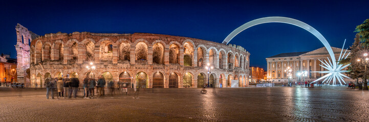 Panoramic evening view of Piazza Bra, Verona, Italy, Veneto, big star