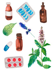 set of medicine bottles and pills