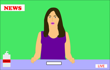 mujer presentando el noticiero en vivo, con antibacterial al lado de su mesa

