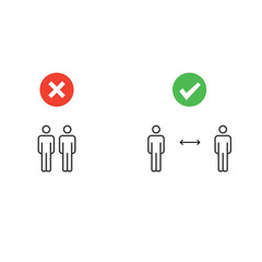 Social distancing pictogram. Two human figures examples standing straight close and far away from each other. Right and wrong demonstration. Outline sign. Personal space arrow. Sickness prevention.