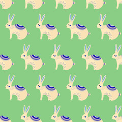 Bunny cartoon pattern - vector simple texture. Seamless pattern for textile, napkins, tablecloths, wrapping paper. Vector flat illustration. Cute rabbit