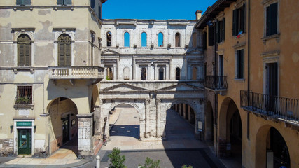 Fototapeta na wymiar Porta Borsari is an ancient Roman gate in Verona, northern Italy. Verona City, aereal