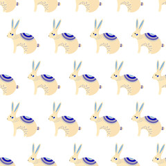 Bunny cartoon pattern - vector simple texture. Seamless pattern for textile, napkins, tablecloths, wrapping paper. Vector flat illustration. Cute rabbit