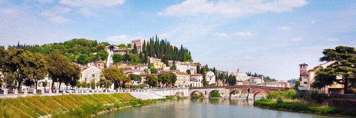 Ponte Pietra, Verona, with hill and river, Verona City