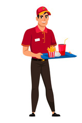 Fast food worker holding tray isolated on white