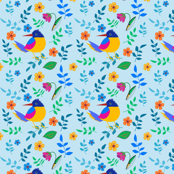 Print Pattern of a single bird and colorful leaves and flowers for children's clothing