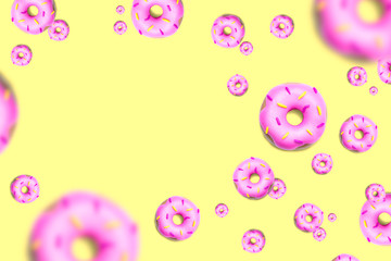 Flying pink doughnuts from plasticine on bright light yellow background. Minimal summer concept. Banner with copy space for national donut day and holidays.