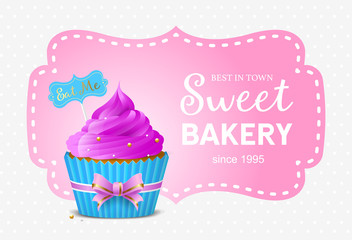 Flyer sweet bakery, homemade desserts, sweets. Banner, gift card muffins store. Vector illustration