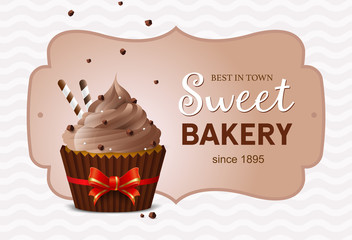 Flyer sweet bakery, homemade desserts, sweets. Banner template, gift card muffins store. Chocolate cake. Vector illustration