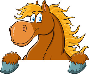 Brown Horse Cartoon Character Over A Blank Sign. Vector Illustration Isolated On White Background