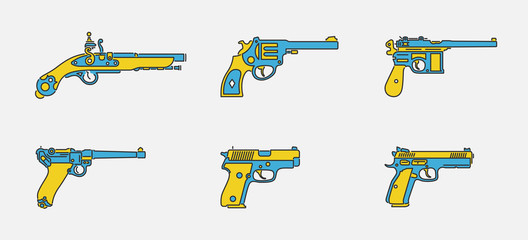 Pistol evolution color outline vector icon set