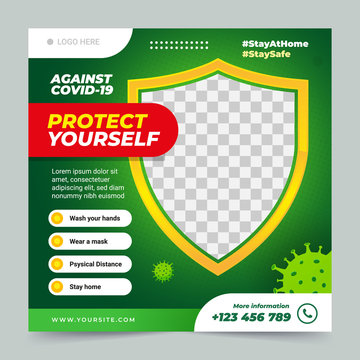 Medical health banner about coronavirus, social media instagram post banner template. editable square with shield on photo college. awareness for stay home and protect yourself against covid-19.
