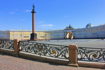 Palace Square the central city square of Saint Petersburg in Russia. Scenic view with the Alexander...