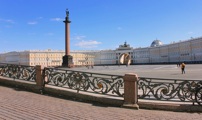 Palace Square with Triumphal arch of General Staff Building and Alexander column in Saint...