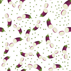 Seamless pattern of eggplant vegetable and simple shape on white background. Vector flat illustration.
