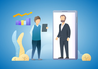 Work from home. Online communication and business meeting. Video communication technology. Social isolation and distance. Humans stay home. Vector flat illustration concept on blue background.