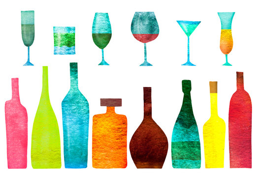 Set of stylized silhouettes of colored bottles of alcohol and glasses. Watercolor. Isolated