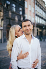 Obraz premium Loving couple walking in the city. Lviv
