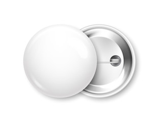 Realistic white blank badge. 3D glossy round button. Pin badge mockup. Vector illustration.