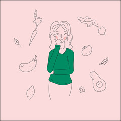 girl chooses vegetables. healthy food illustration 12