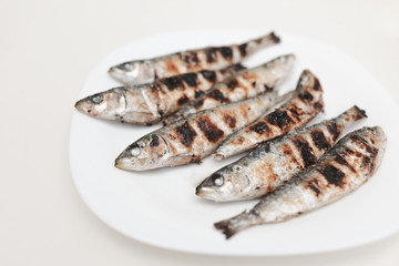 Freshly grilled sardines on a white plate. White background. Typical Mediterranean cuisine. Mediterranean gastronomy. Healthy food. Typical Spanish and Portuguese dishes.
