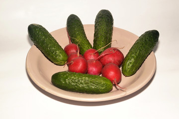 Fresh red radish and green cucumbers in a plate on a white background