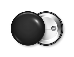 Realistic black blank badge. 3D glossy round button. Pin badge mockup. Vector illustration.