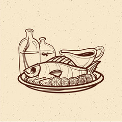 Fish with vegetables. Fish in the sauce. Vector illustration for menus and recipes. Sketch. Freehand drawing. Retro.