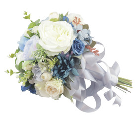 Flower bouquet, round shape, navy / white tone Silver ribbon Die cut white background. Bridal bouquet