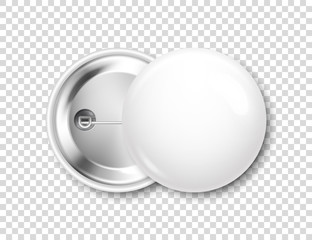 Realistic white blank badge. 3D glossy round button. Pin badge mockup. Vector illustration.