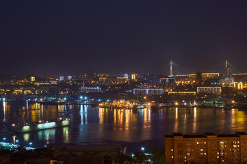 Fototapeta na wymiar Sea port in the Golden Horn Bay in Vladivostok, Russia. View from above.