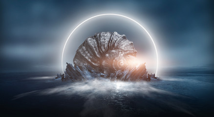 Futuristic night landscape with abstract landscape and island, moonlight, shine. Dark natural scene with reflection of light in the water, neon blue light. Dark neon circle background.