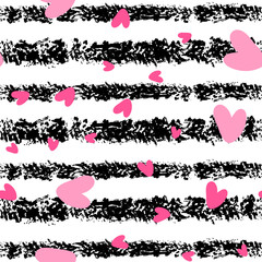 Seamless trendy black and white abstract striped pattern with pink hearts. Dye brush or charcoal or chalk texture. Vector illustration. Applicable for backgrounds, wrapping paper, textile concepts.