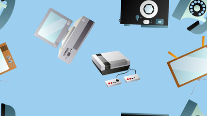 Seamless pattern of retro old hipster electronic devices technology computers cassettes tape recorders mobile phones from the 70s, 80s, 90s, 2000s on a blue background