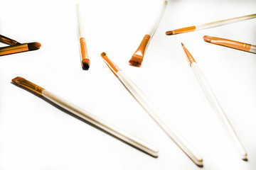Makeup brushes on a white background