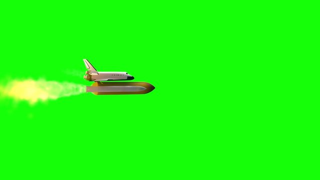 Launch of space shuttle atlantis 3D render animation isolated on green screen.