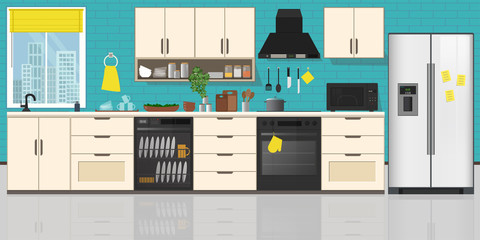 Kitchen Interior , with furniture. Flat style vector illustration.
