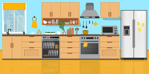 Kitchen Interior , with furniture. Flat style vector illustration.