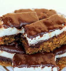 Home made cake topped with dark chocolate, close up