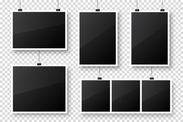 Photo card hanging on paper clips. Digital snapshot frame, photography. Vintage retro photograph. Mockup for design. Vector illustration.