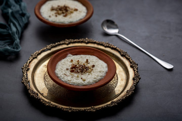 Phirni, a traditional and delicious indian style milk and rice based creamy dessert, served in clay pot