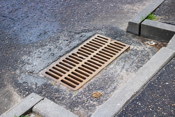 Rain drainage grid on the road closeup