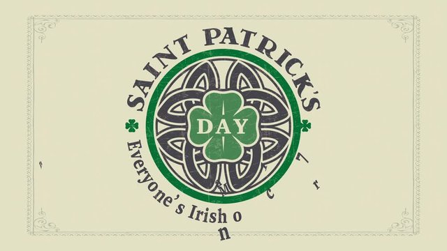 st patricks day holiday publicity concept with text everyones irish on march 17 written around celtic shield knot with a clover in the center