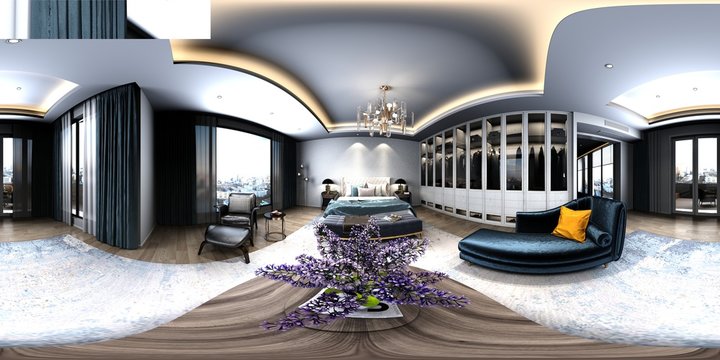 3D RENDER OF LUXURY HOTEL ROOM, 360 DEGREES PANAROMIC VIEW