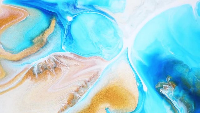 Fluid art drawing footage, modern acryl texture with colorful waves. Liquid paint mixing artwork with splash and swirl. Detailed background motion with golden, white and blue overflowing colors
