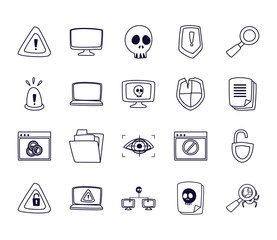 Hack information line style icon set vector design