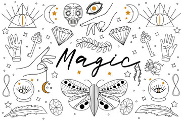 Magic Hand drawn, doodle, sketch line style set. Witchcraft symbols.Ethnic esoteric collection with hands, moon, crystals, plant, eye, palmistry and other magical elements. Vector illustration