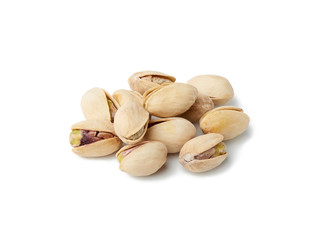 bunch of salted open inshell pistachios isolated on a white background