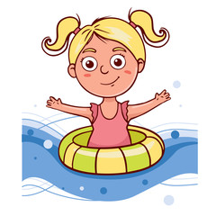  Simple flat illustration a girl swims in a lifebuoy. Doodle sketch baby in a swimsuit 